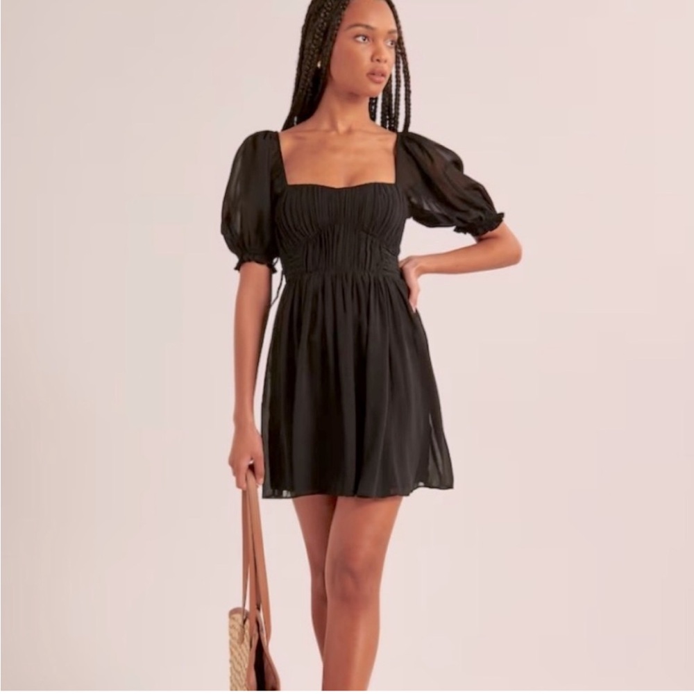 Abercrombie Ruched Ruffle Puff Sleeve Mini Dress in Black